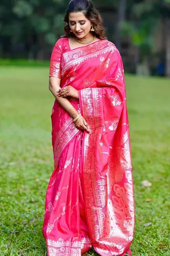 Pink woven design zari silk blend banarasi saree