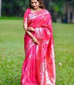 Pink woven design zari silk blend banarasi saree