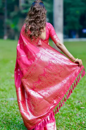 Pink woven design zari silk blend banarasi saree