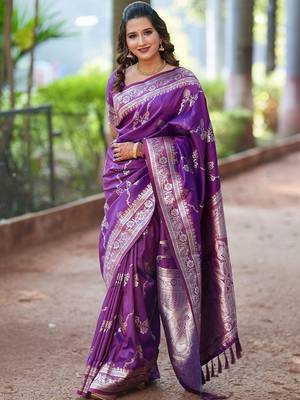Purple woven design zari silk blend banarasi saree 1