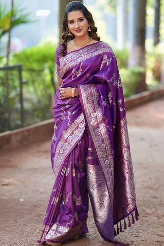Purple woven design zari silk blend banarasi saree