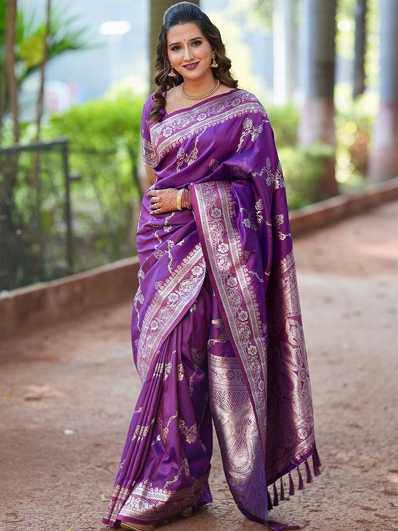 Purple woven design zari silk blend banarasi saree