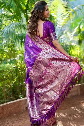 Purple woven design zari silk blend banarasi saree