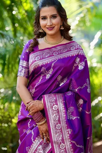 Purple woven design zari silk blend banarasi saree