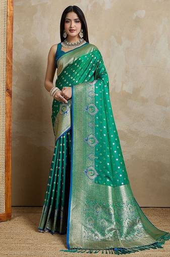 Green woven design zardozi satin mysore silk saree