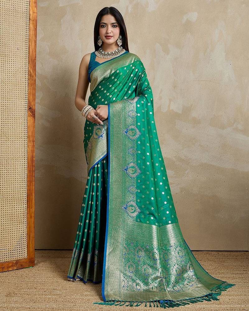 Green woven design zardozi satin mysore silk saree