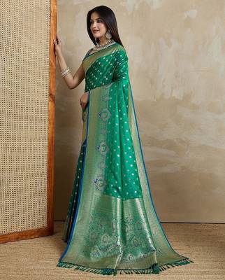 Green woven design zardozi satin mysore silk saree 2