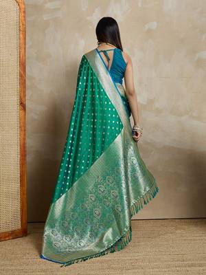 Green woven design zardozi satin mysore silk saree 3