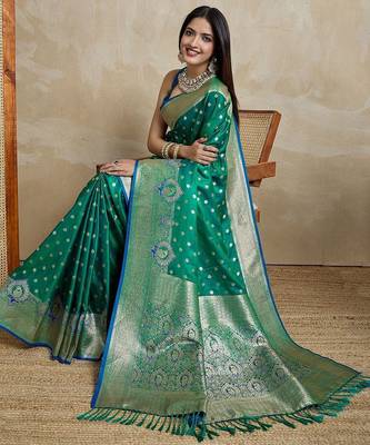 Green woven design zardozi satin mysore silk saree 4