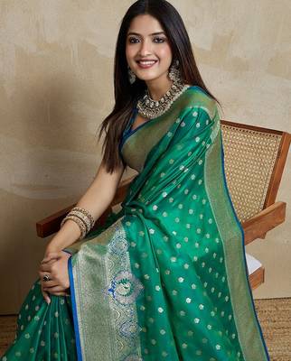 Green woven design zardozi satin mysore silk saree 5