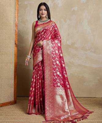 Red woven design zardozi satin mysore silk saree 1