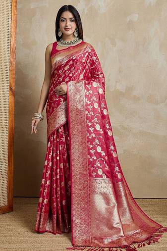 Red woven design zardozi satin mysore silk saree