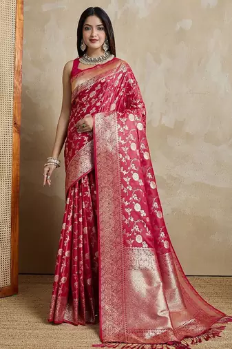 Red woven design zardozi satin mysore silk saree