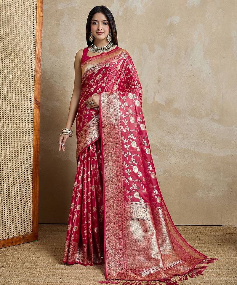Red woven design zardozi satin mysore silk saree