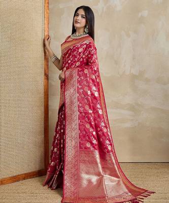 Red woven design zardozi satin mysore silk saree 2
