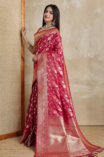 Red woven design zardozi satin mysore silk saree