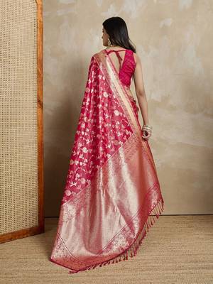 Red woven design zardozi satin mysore silk saree 3