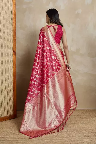 Red woven design zardozi satin mysore silk saree
