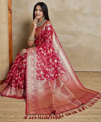 Red woven design zardozi satin mysore silk saree 4