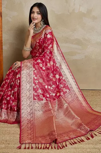 Red woven design zardozi satin mysore silk saree