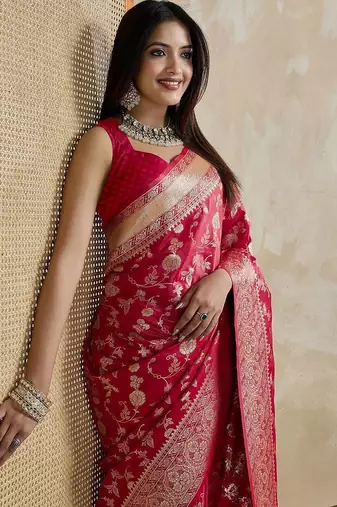 Red woven design zardozi satin mysore silk saree