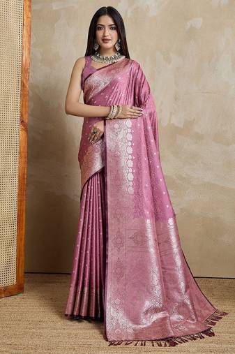 Pink woven design zardozi satin mysore silk saree