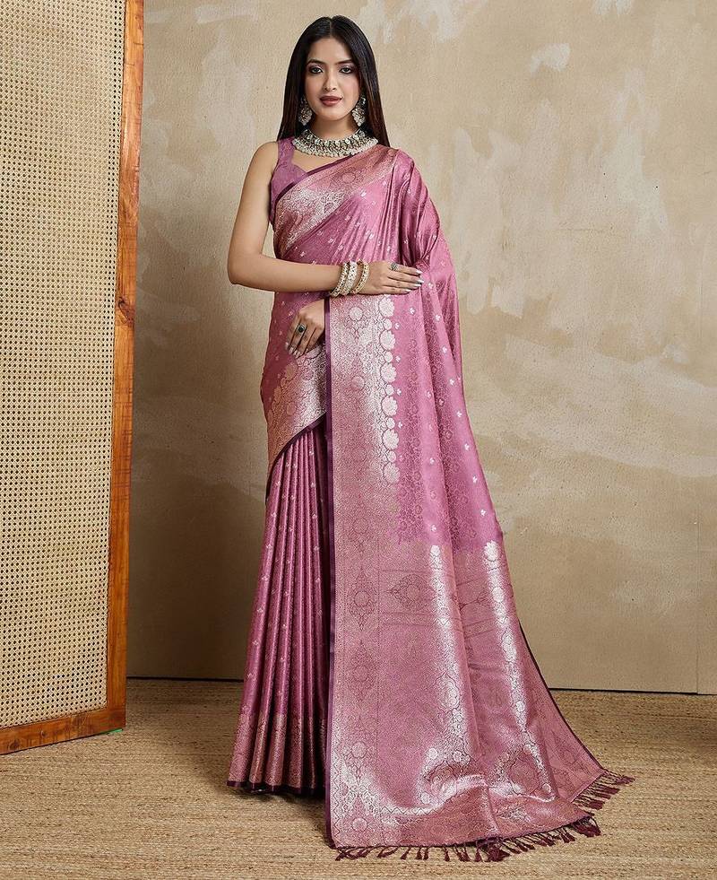 Pink woven design zardozi satin mysore silk saree