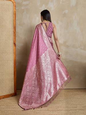 Pink woven design zardozi satin mysore silk saree 3