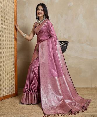 Pink woven design zardozi satin mysore silk saree 4
