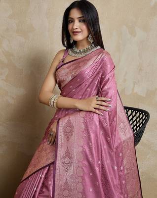 Pink woven design zardozi satin mysore silk saree 5