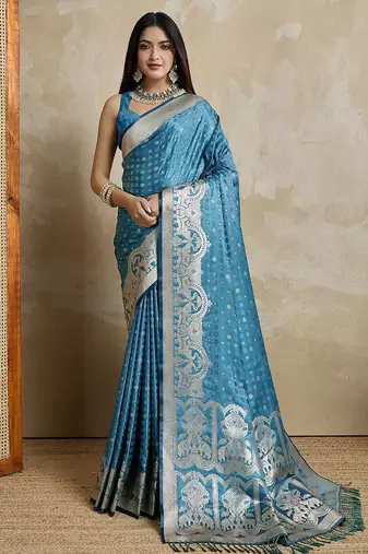 Blue woven design zardozi satin mysore silk saree