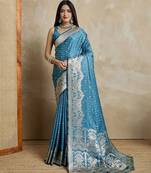 Blue woven design zardozi satin mysore silk saree