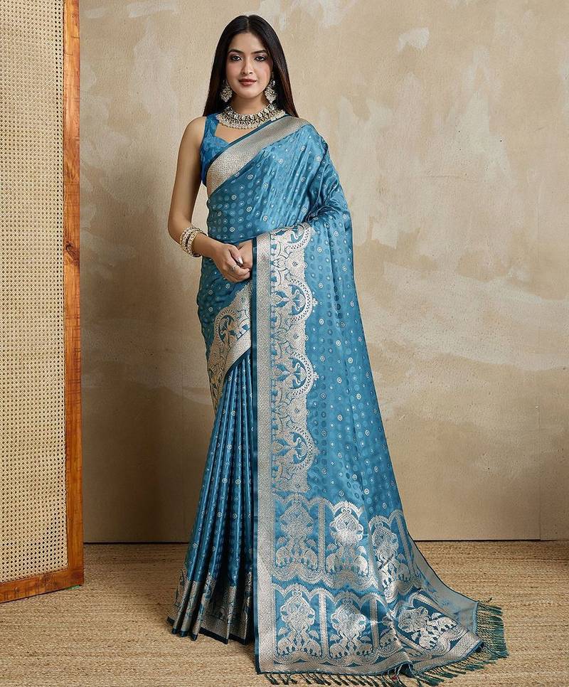 Blue woven design zardozi satin mysore silk saree