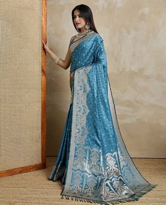 Blue woven design zardozi satin mysore silk saree 2