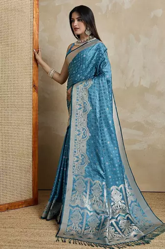 Blue woven design zardozi satin mysore silk saree