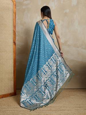 Blue woven design zardozi satin mysore silk saree 3