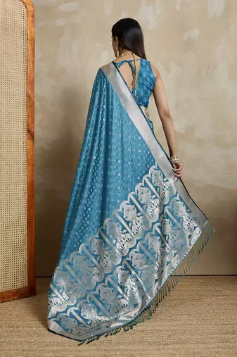 Blue woven design zardozi satin mysore silk saree