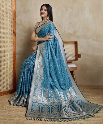 Blue woven design zardozi satin mysore silk saree 4