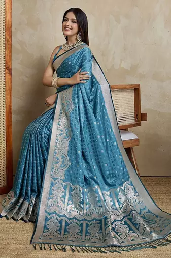 Blue woven design zardozi satin mysore silk saree