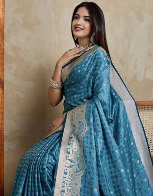 Blue woven design zardozi satin mysore silk saree 5