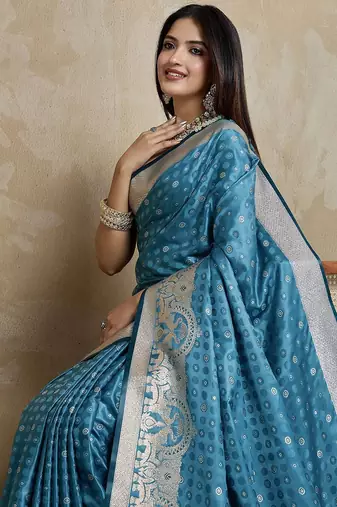 Blue woven design zardozi satin mysore silk saree