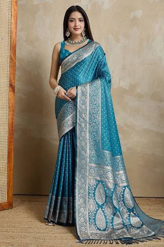 Blue woven design zari satin mysore silk saree