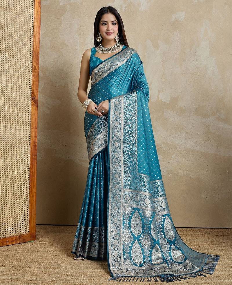 Blue woven design zari satin mysore silk saree