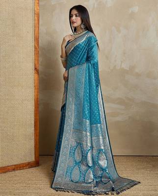 Blue woven design zari satin mysore silk saree 2
