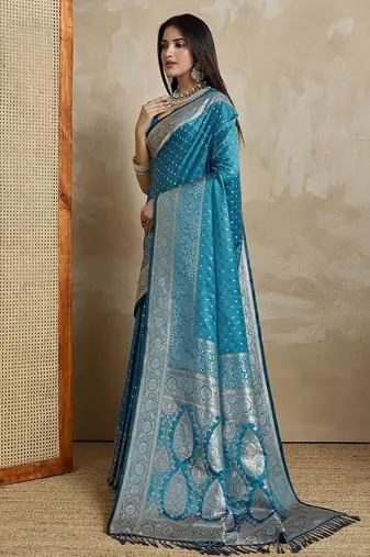 Blue woven design zari satin mysore silk saree
