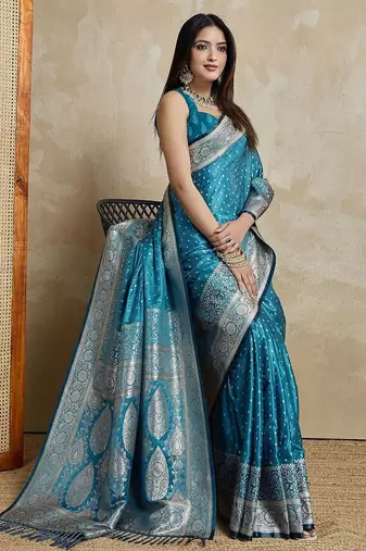 Blue woven design zari satin mysore silk saree