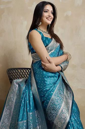 Blue woven design zari satin mysore silk saree