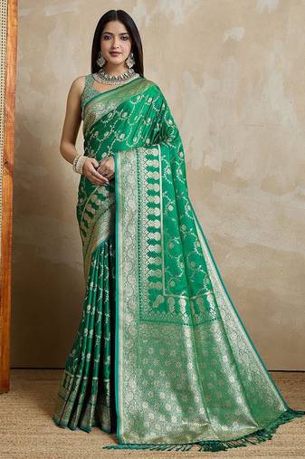 Green woven design zardozi satin mysore silk saree