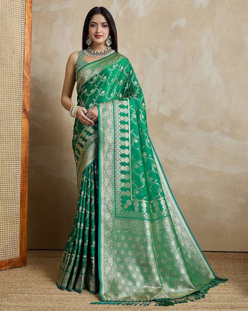 Green woven design zardozi satin mysore silk saree