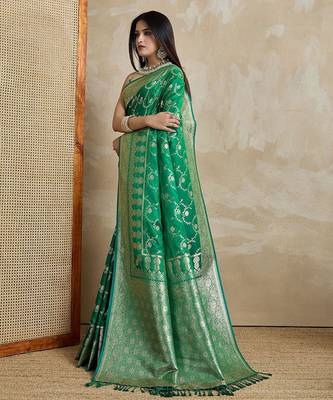 Green woven design zardozi satin mysore silk saree 2